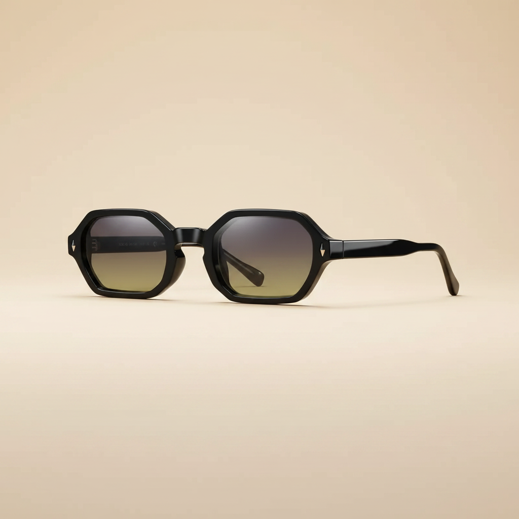 Lunettes noires verres fumés fond beige